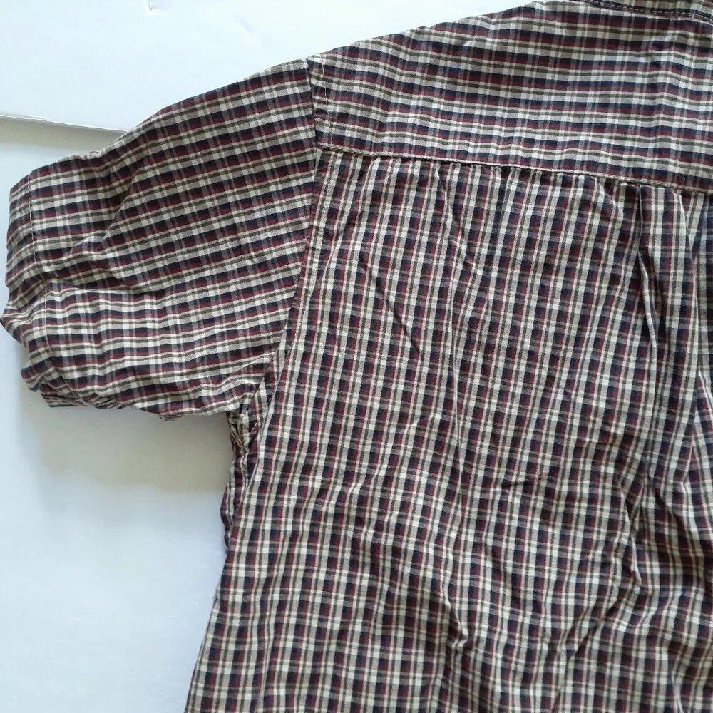 Gap Boys Shirt Button Down Red Tan Green Plaid Short Sleeve XS